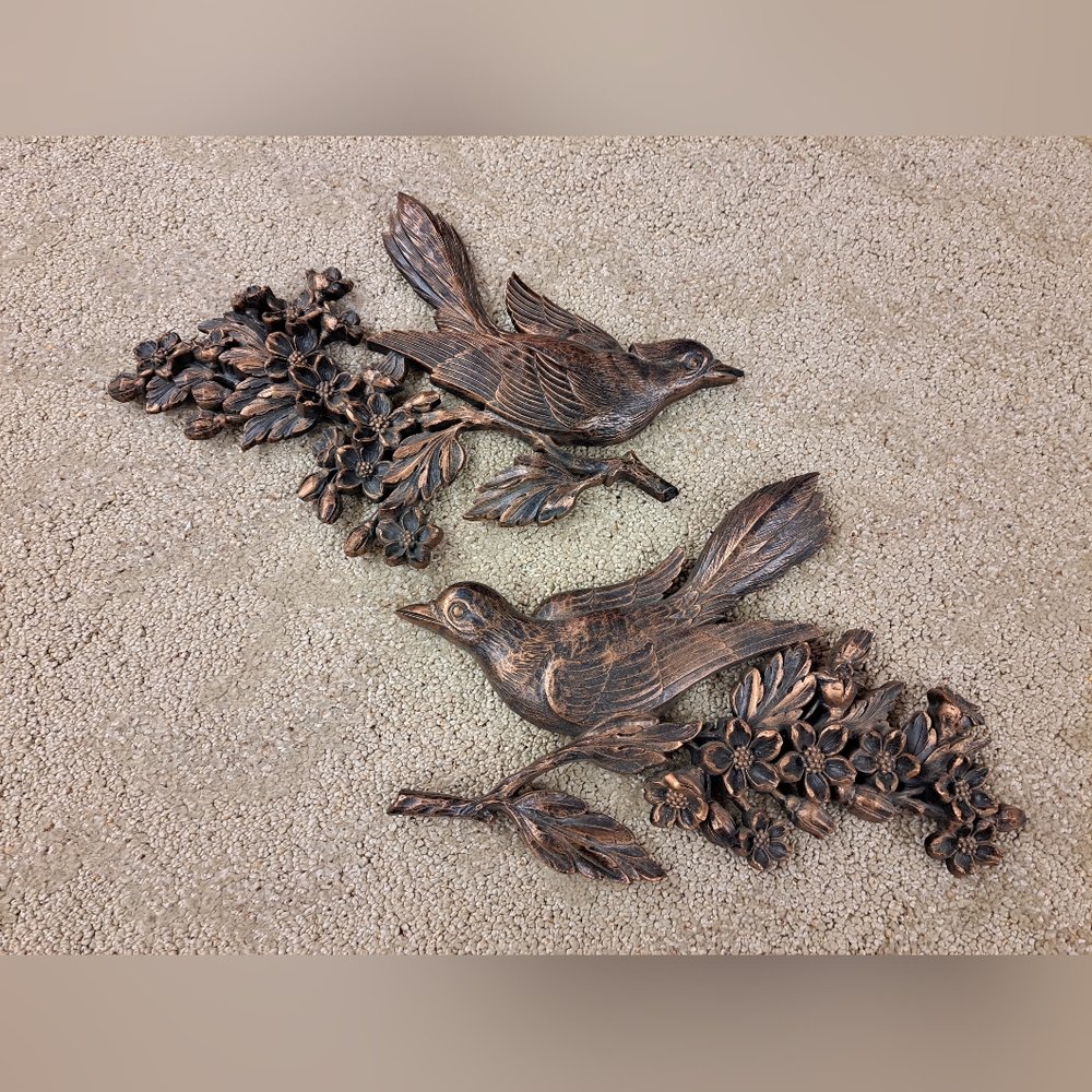 Vintage Pair of Coppercraft Guild Birds On Dogwood Branch MCM Wall Hangings 60s